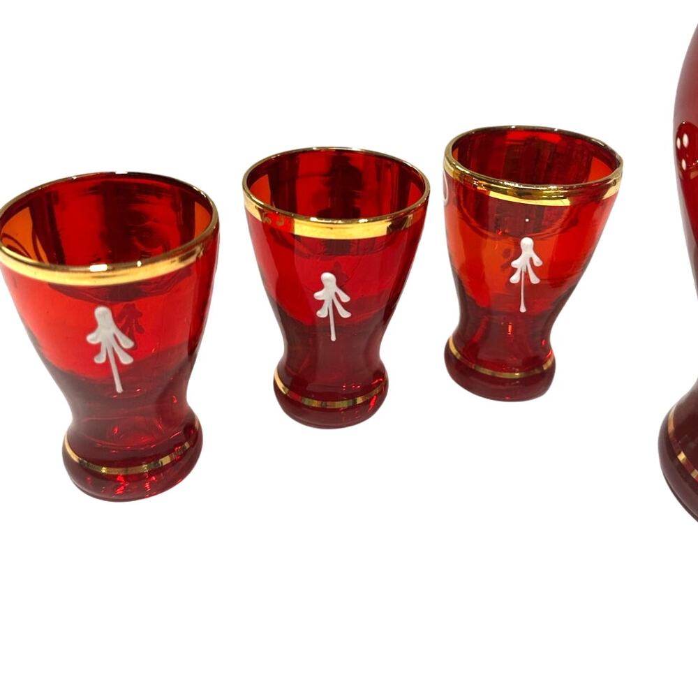 Bohemian Cranberry Glass Decanter Shot Glass Set Hand Painted Gold Floral Design - Picture 6 of 12